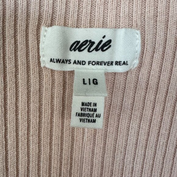 Aerie AE Pink Ribbed Knit Rosette V Neck Long Sleeve Ruche Tie Crop Sweater - Picture 10 of 17